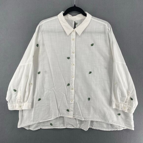Cotton Blend Boxy Loose Button Front Shirt No Size Tag Womens XXL White Monstera - Picture 1 of 14